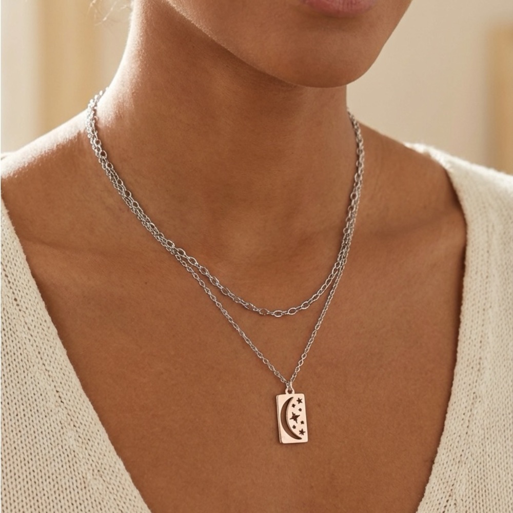 Sonoma Silver Tone Layered Necklace 16” Moon & Stars Rectangle Pendant
